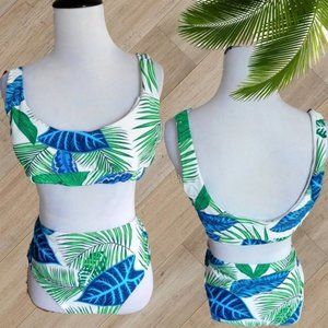 GREEN TROPICAL PRINT TWO PIECE SWIMSUIT